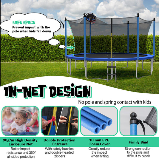 12/14/15/16 Feet Outdoor Recreational Trampoline with Ladder and Enclosure Net-16 ft Kids Crystal