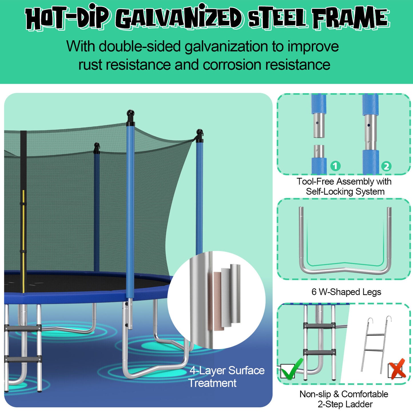12/14/15/16 Feet Outdoor Recreational Trampoline with Ladder and Enclosure Net-16 ft Kids Crystal