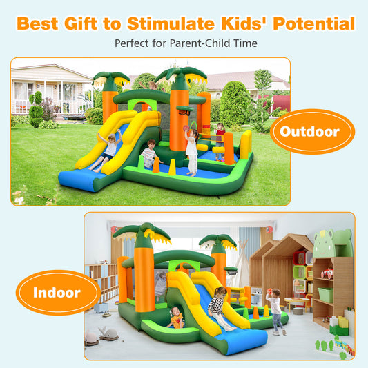 8-in-1 Tropical Inflatable Bounce Castle with 2 Ball Pits Slide and Tunnel Without Blower Kids Crystal