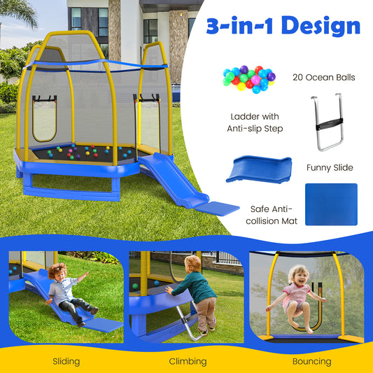 7 Feet Trampoline with Ladder and Slide for Indoor and Outdoor-Blue Kids Crystal