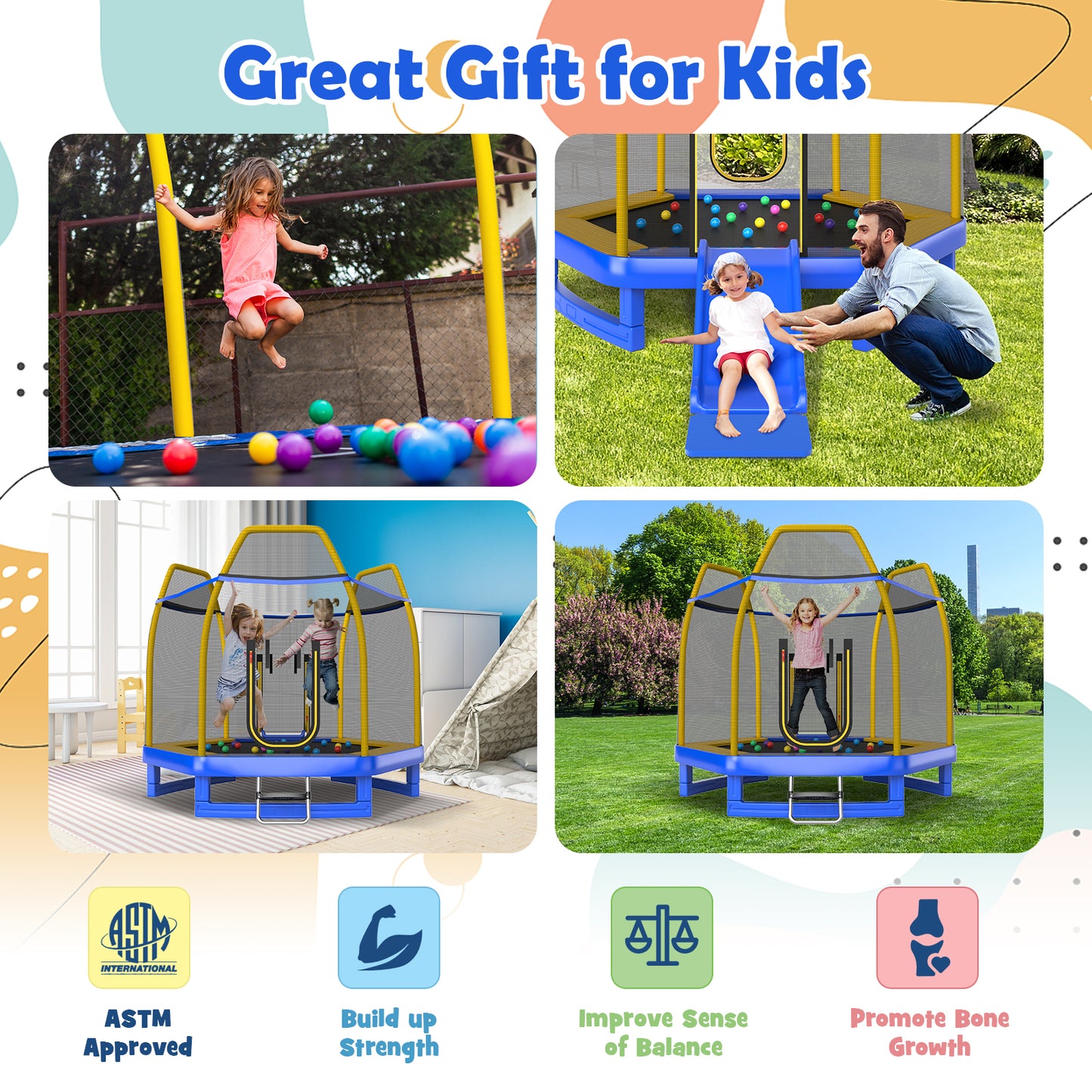7 Feet Trampoline with Ladder and Slide for Indoor and Outdoor-Blue Kids Crystal