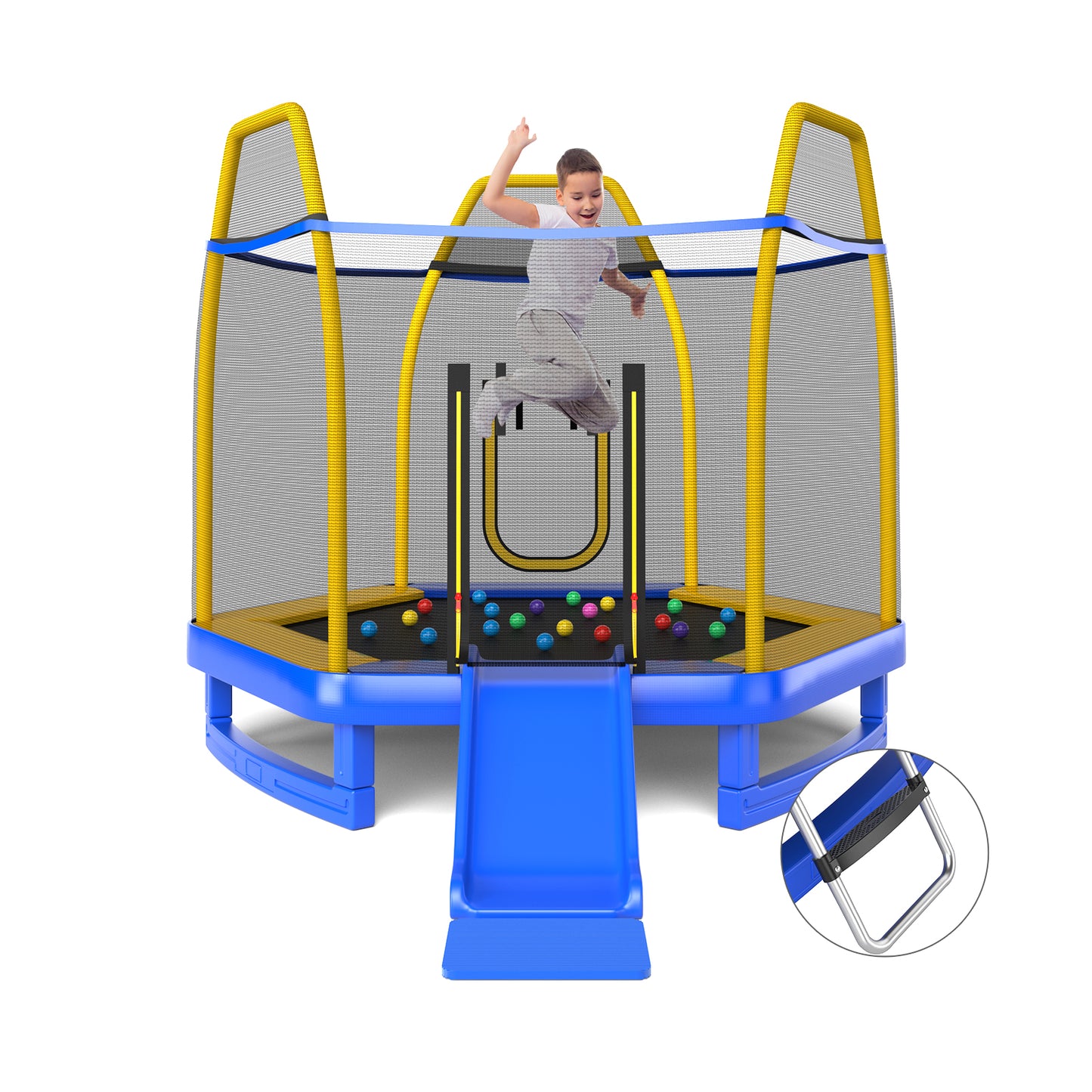 7 Feet Trampoline with Ladder and Slide for Indoor and Outdoor-Blue Kids Crystal