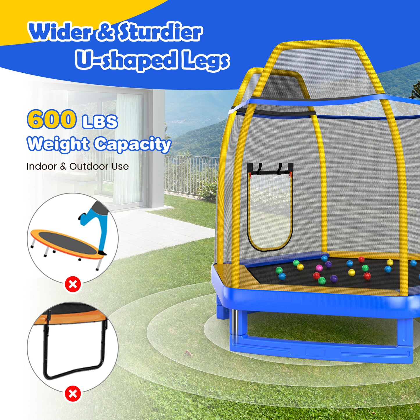7 Feet Trampoline with Ladder and Slide for Indoor and Outdoor-Blue Kids Crystal