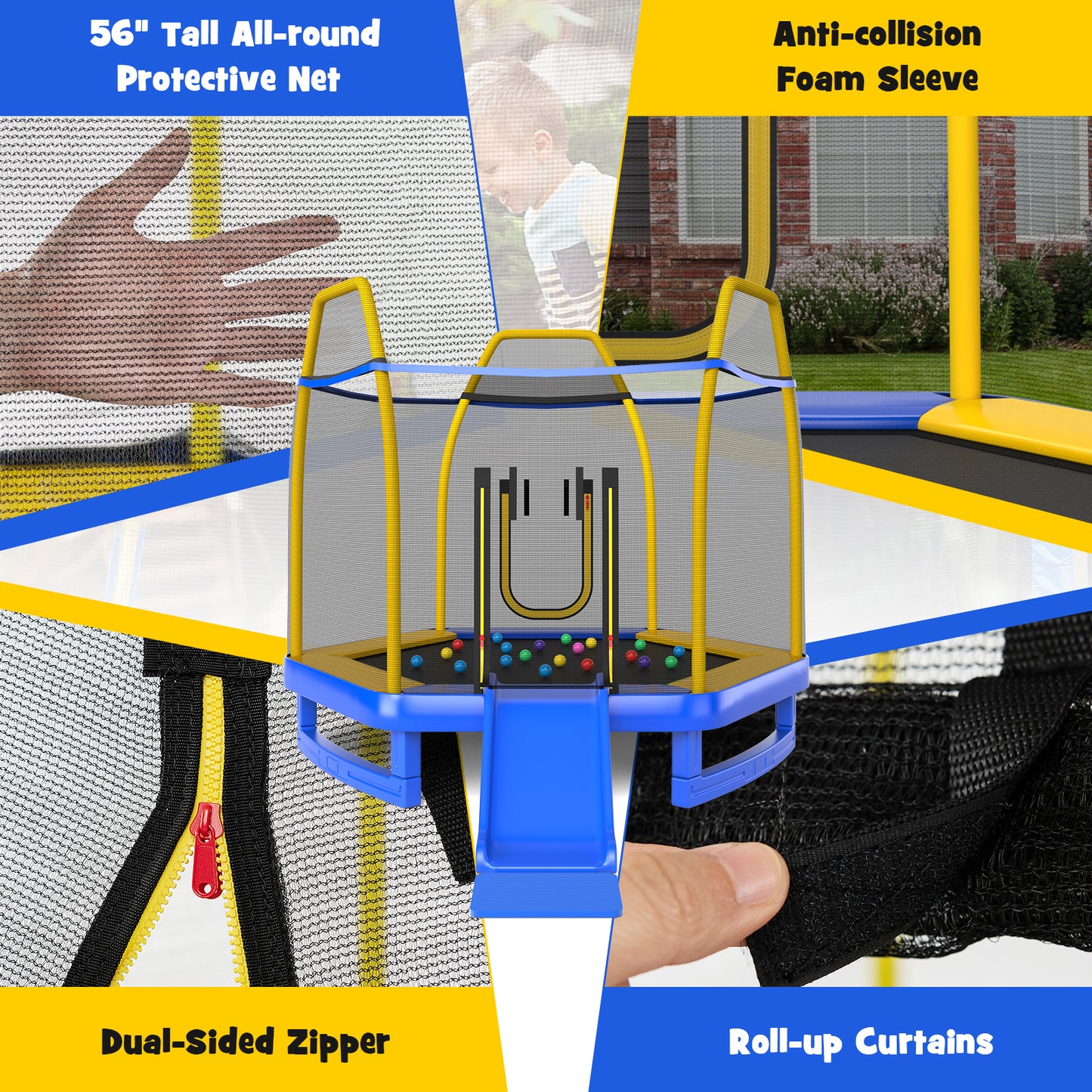 7 Feet Trampoline with Ladder and Slide for Indoor and Outdoor-Blue Kids Crystal