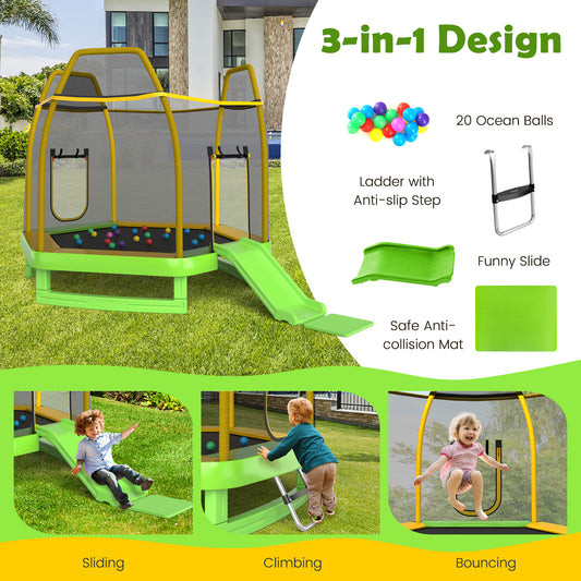 7 Feet Trampoline with Ladder and Slide for Indoor and Outdoor-Green Kids Crystal