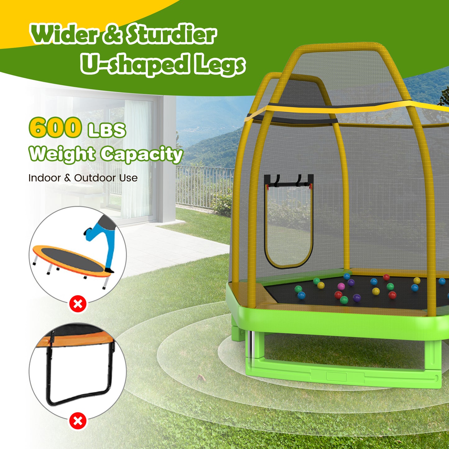 7 Feet Trampoline with Ladder and Slide for Indoor and Outdoor-Green Kids Crystal