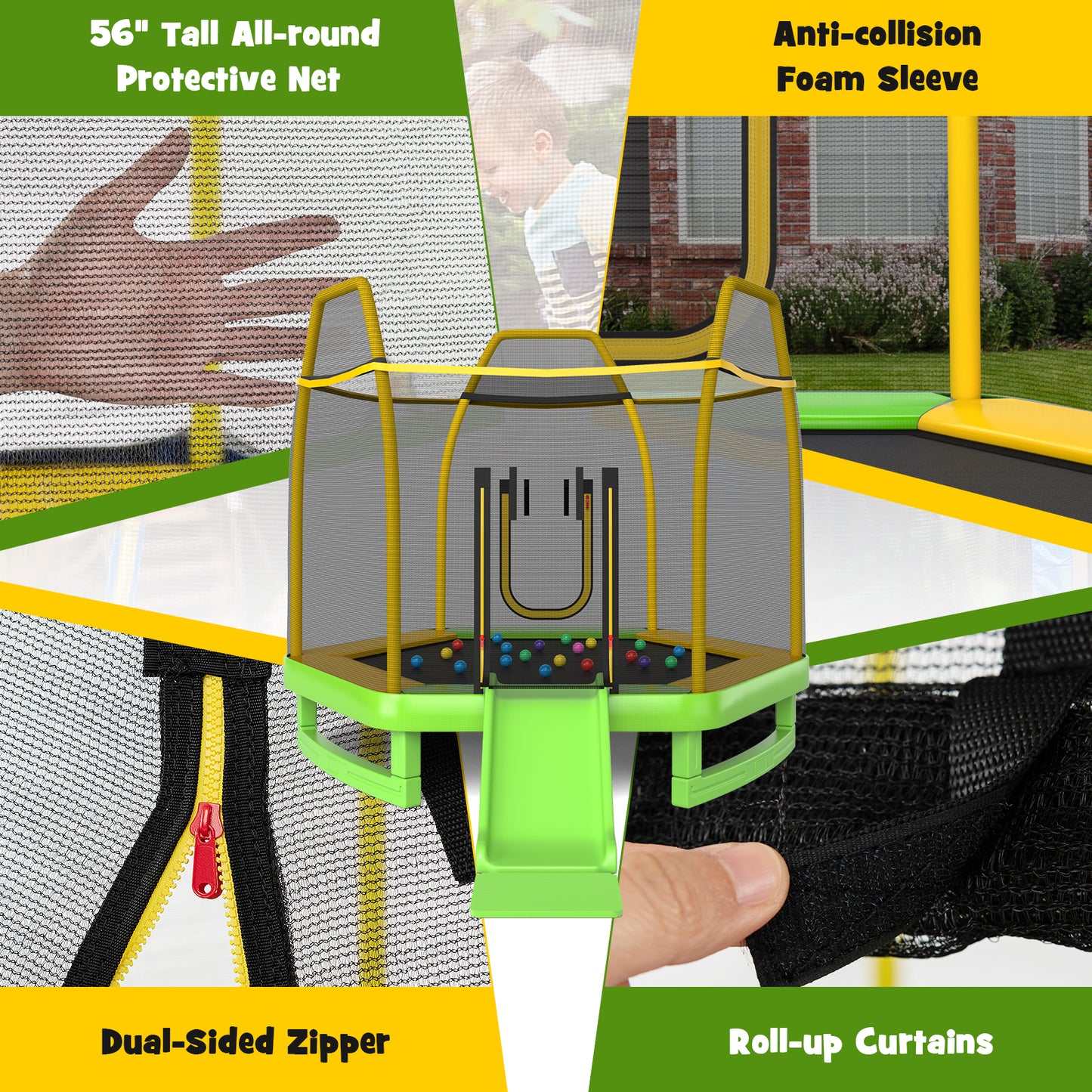 7 Feet Trampoline with Ladder and Slide for Indoor and Outdoor-Green Kids Crystal