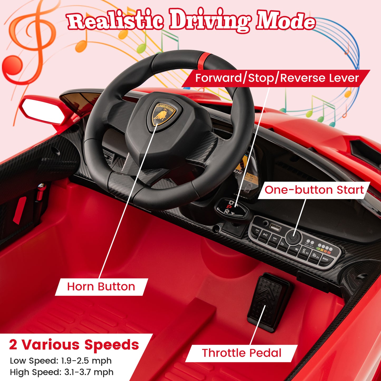 12V Licensed Lamborghini 4WD Kids Ride-on Sports Car with 2.4G Remote-Red