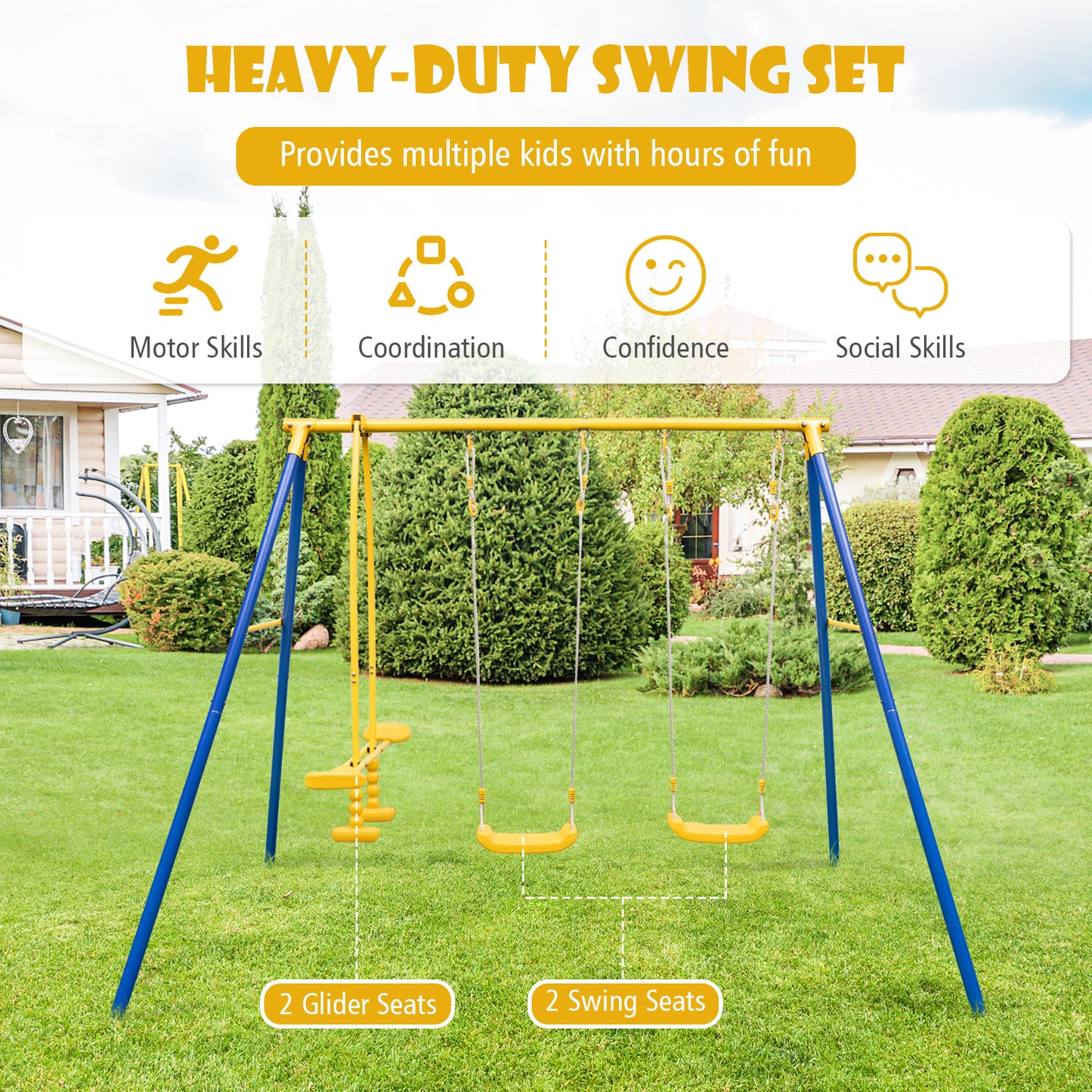 Metal Swing Set for Backyard with 2 Swing Seats and 2 Glider Seats-Blue Kids Crystal