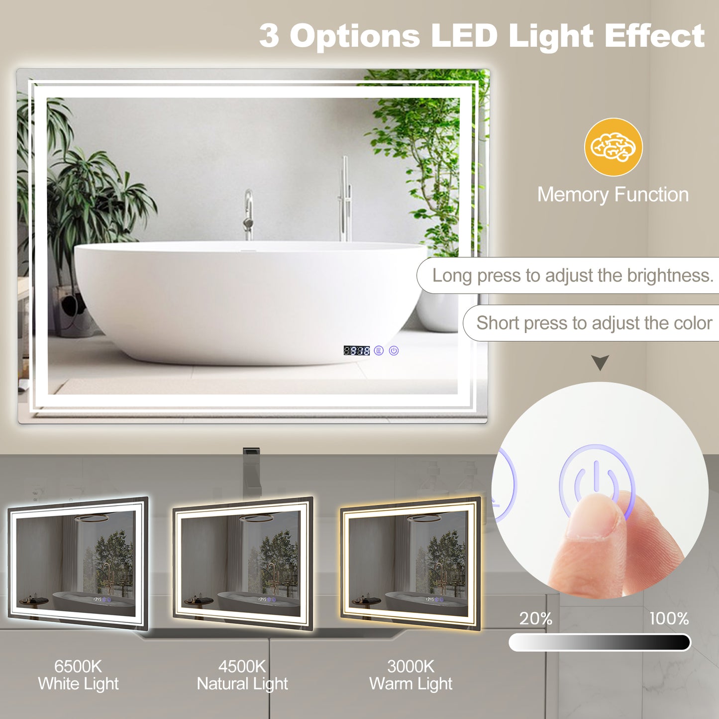 Defogging LED Bathroom Mirror with Memory Function and Anti-Fog-L Kids Crystal