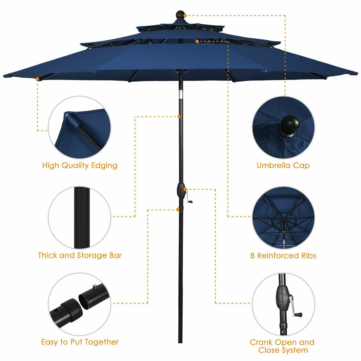 10ft 3 Tier Outdoor Patio Umbrella with Double Vented-Navy Kids Crystal