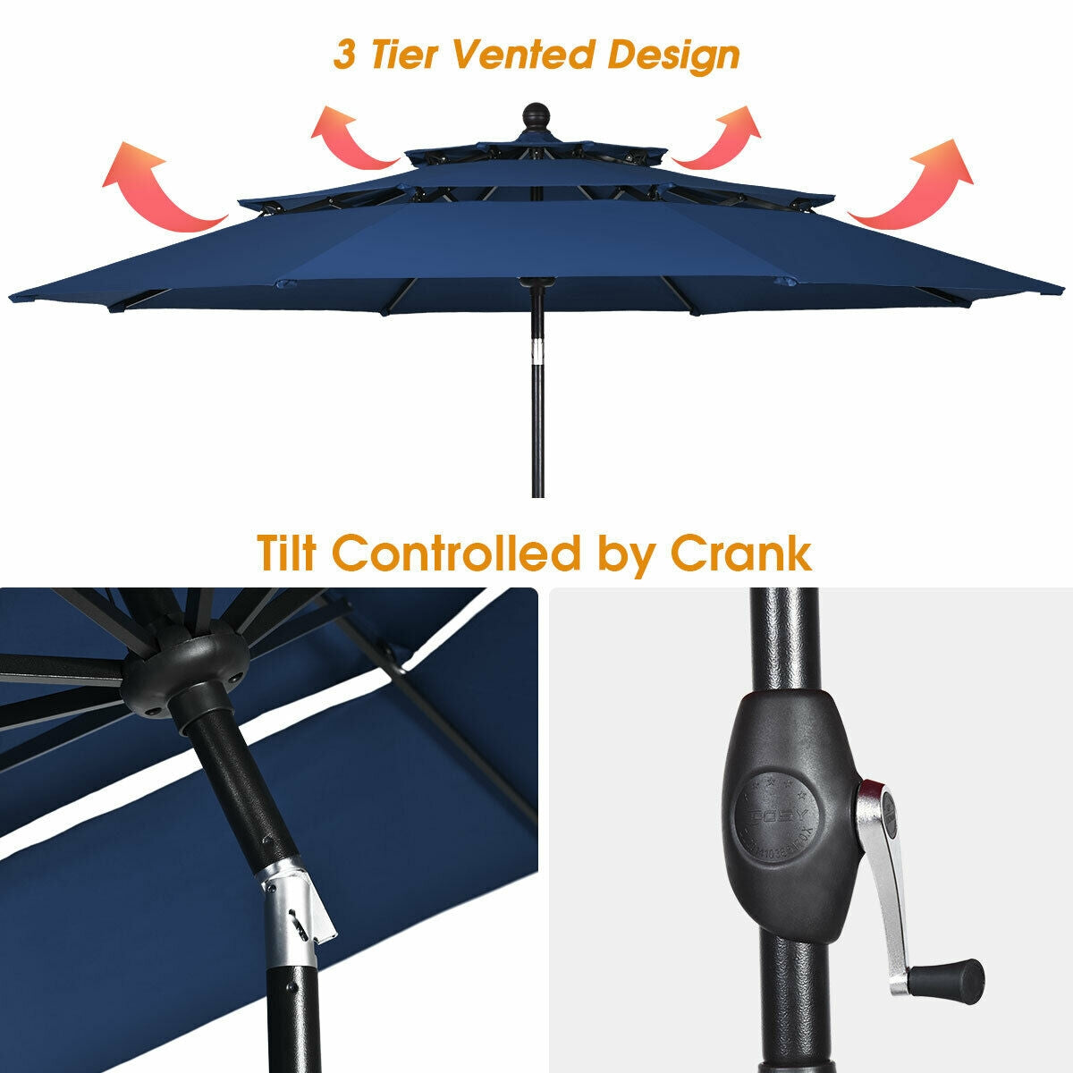 10ft 3 Tier Outdoor Patio Umbrella with Double Vented-Navy Kids Crystal
