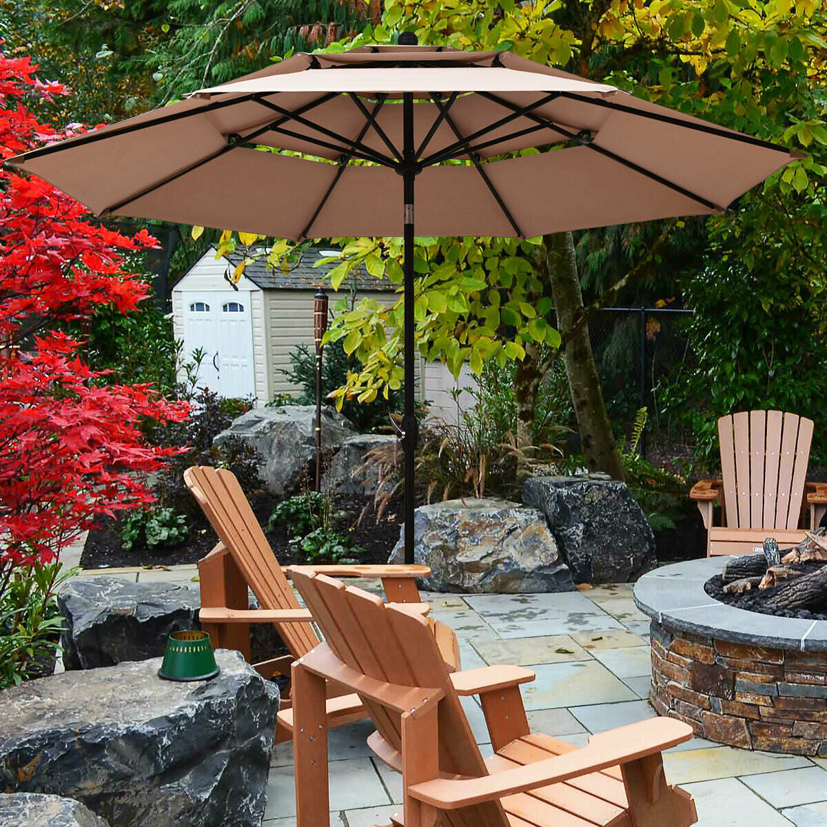 10ft 3 Tier Outdoor Patio Umbrella with Double Vented-Beige Kids Crystal