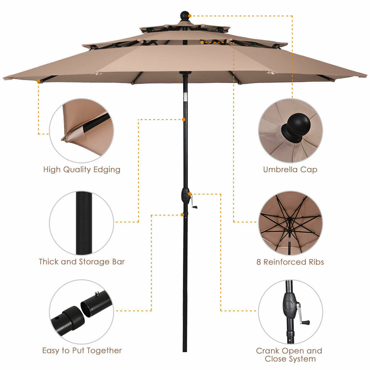 10ft 3 Tier Outdoor Patio Umbrella with Double Vented-Beige Kids Crystal