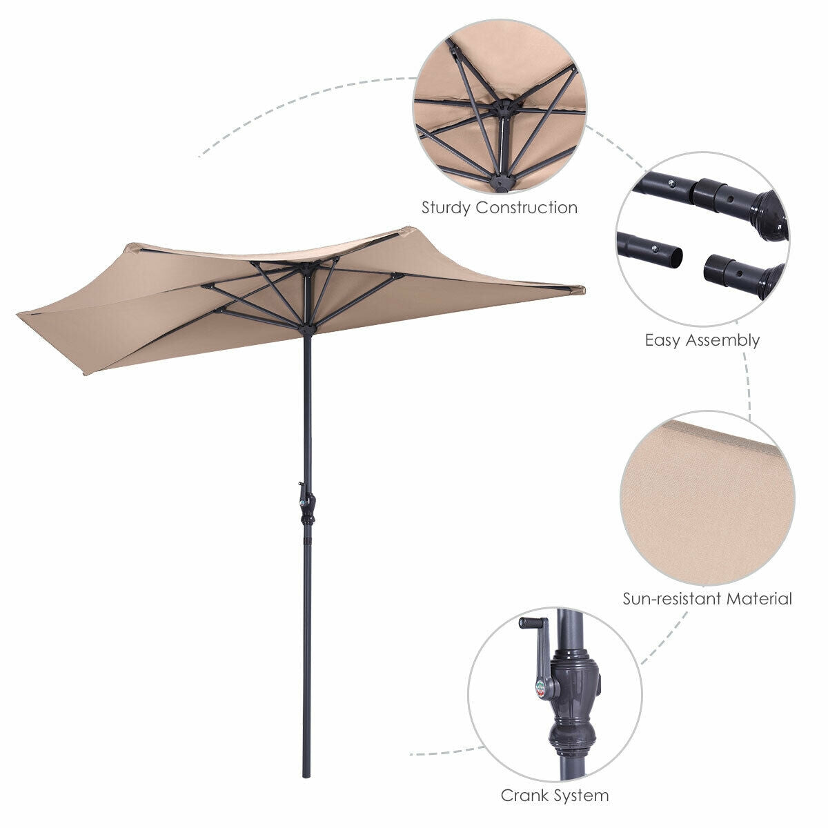 9Ft Patio Bistro Half Round Umbrella -Beige Kids Crystal