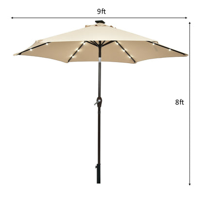 9' Solar LED Lighted Patio Market Umbrella Tilt Adjustment Crank Lift -Beige