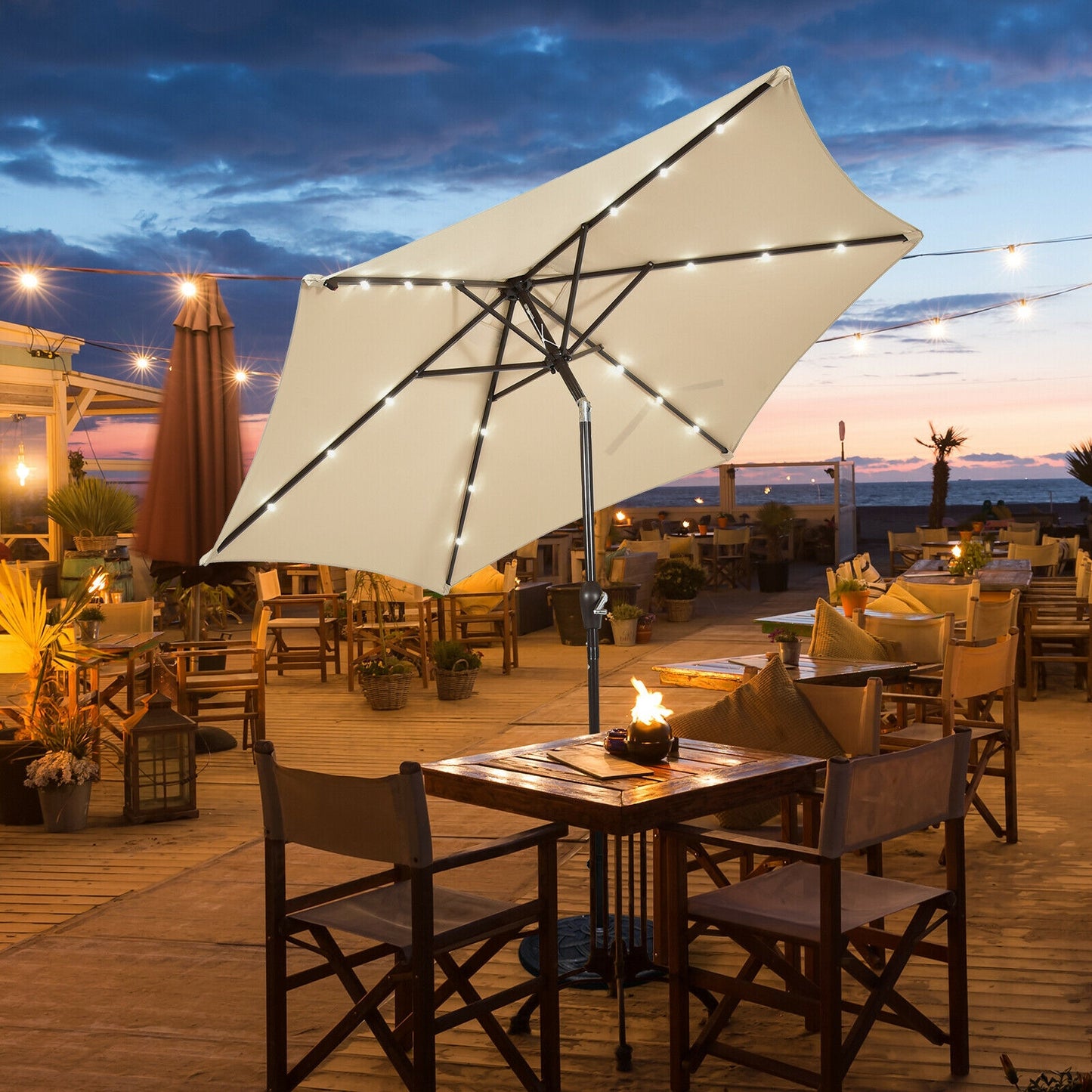 9' Solar LED Lighted Patio Market Umbrella Tilt Adjustment Crank Lift -Beige Kids Crystal