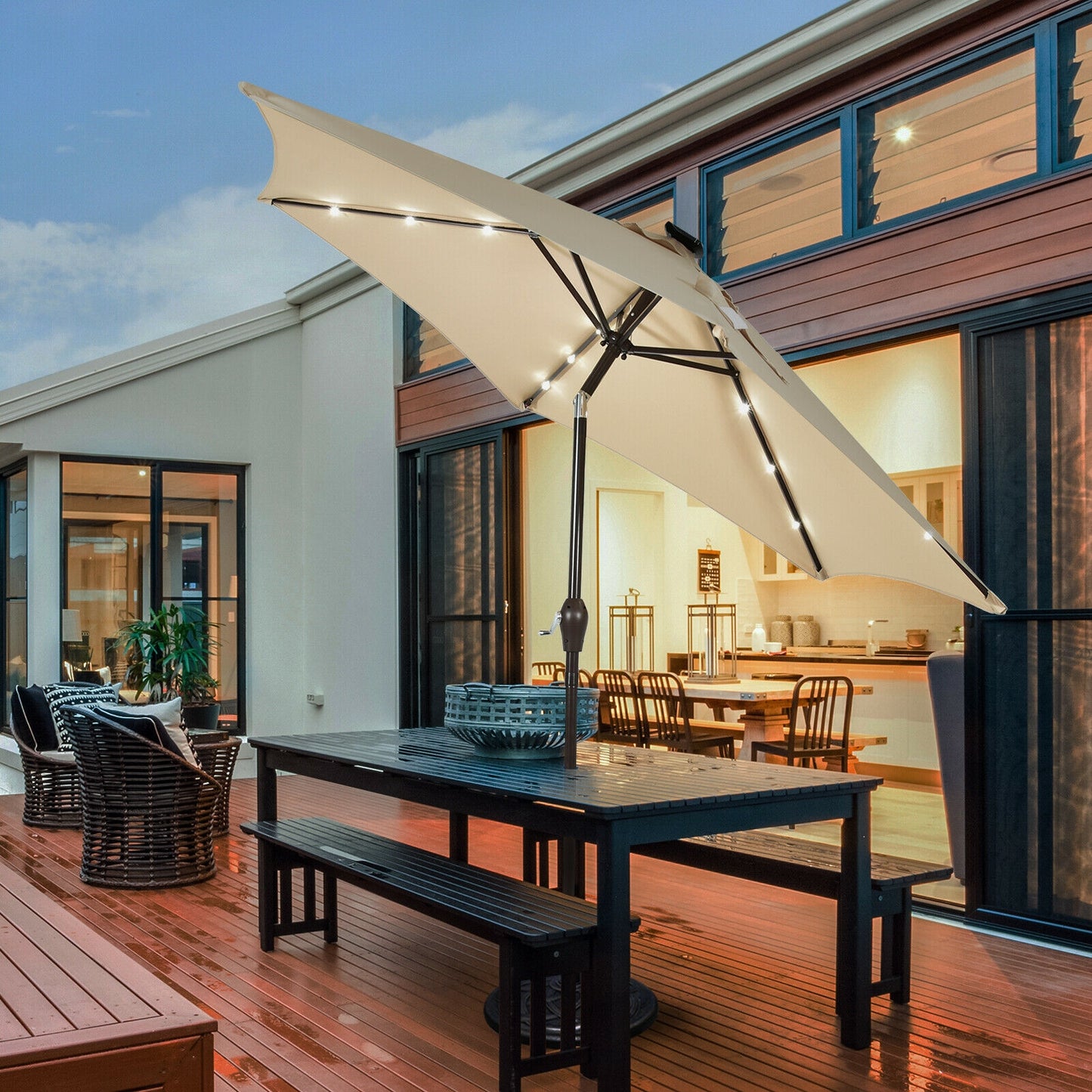 9' Solar LED Lighted Patio Market Umbrella Tilt Adjustment Crank Lift -Beige Kids Crystal