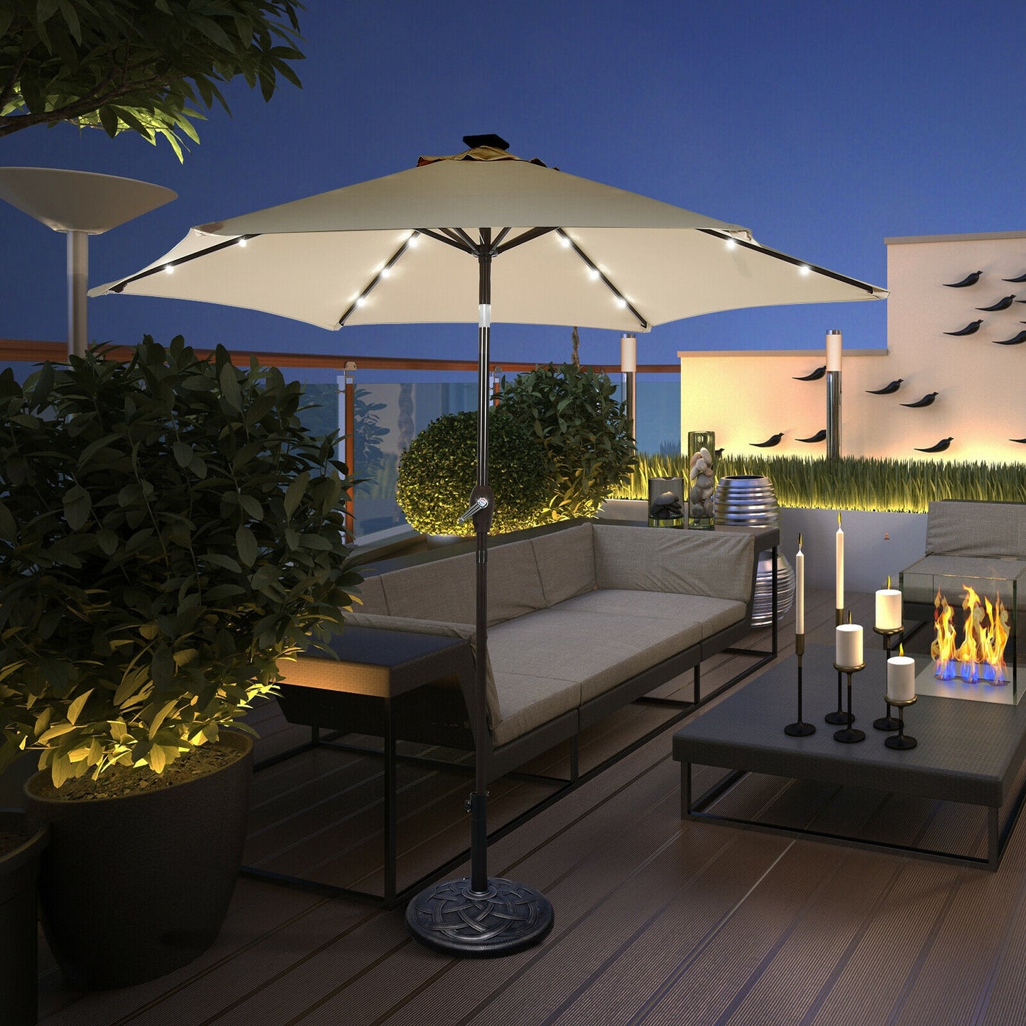 9' Solar LED Lighted Patio Market Umbrella Tilt Adjustment Crank Lift -Beige Kids Crystal
