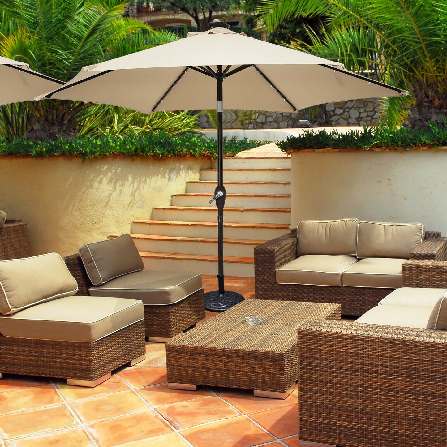 9' Solar LED Lighted Patio Market Umbrella Tilt Adjustment Crank Lift -Beige Kids Crystal