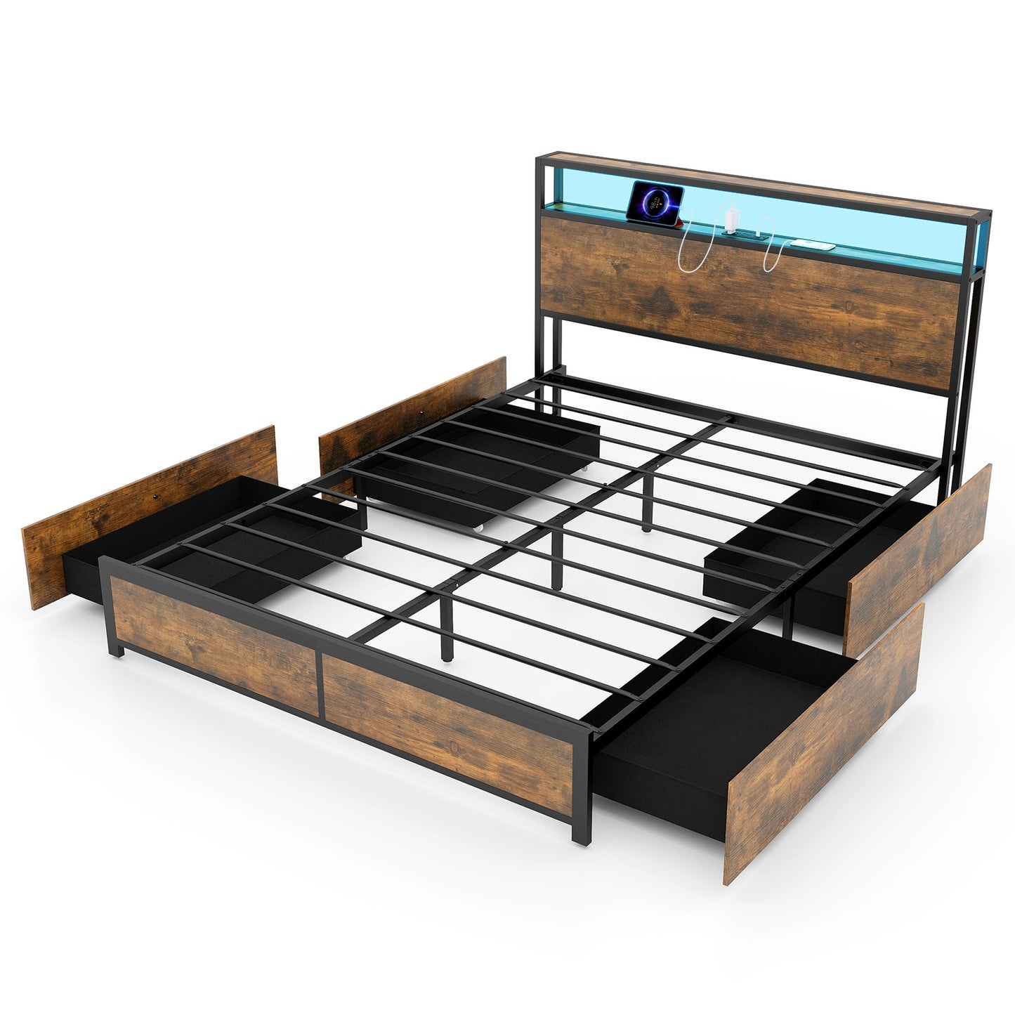Full/Queen Size Bed Frame with Smart LED Lights and Storage Drawers-Queen Size Kids Crystal