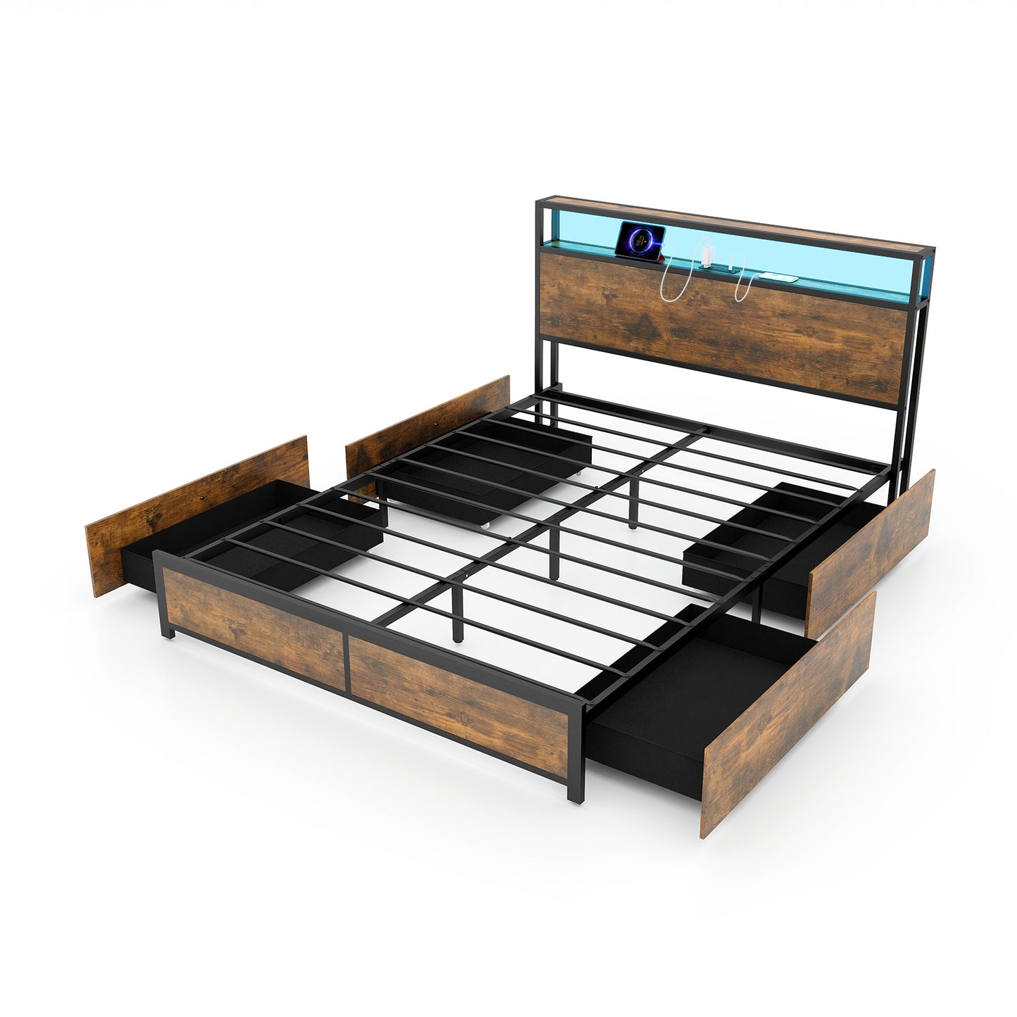Full/Queen Size Bed Frame with Smart LED Lights and Storage Drawers-Queen Size Kids Crystal