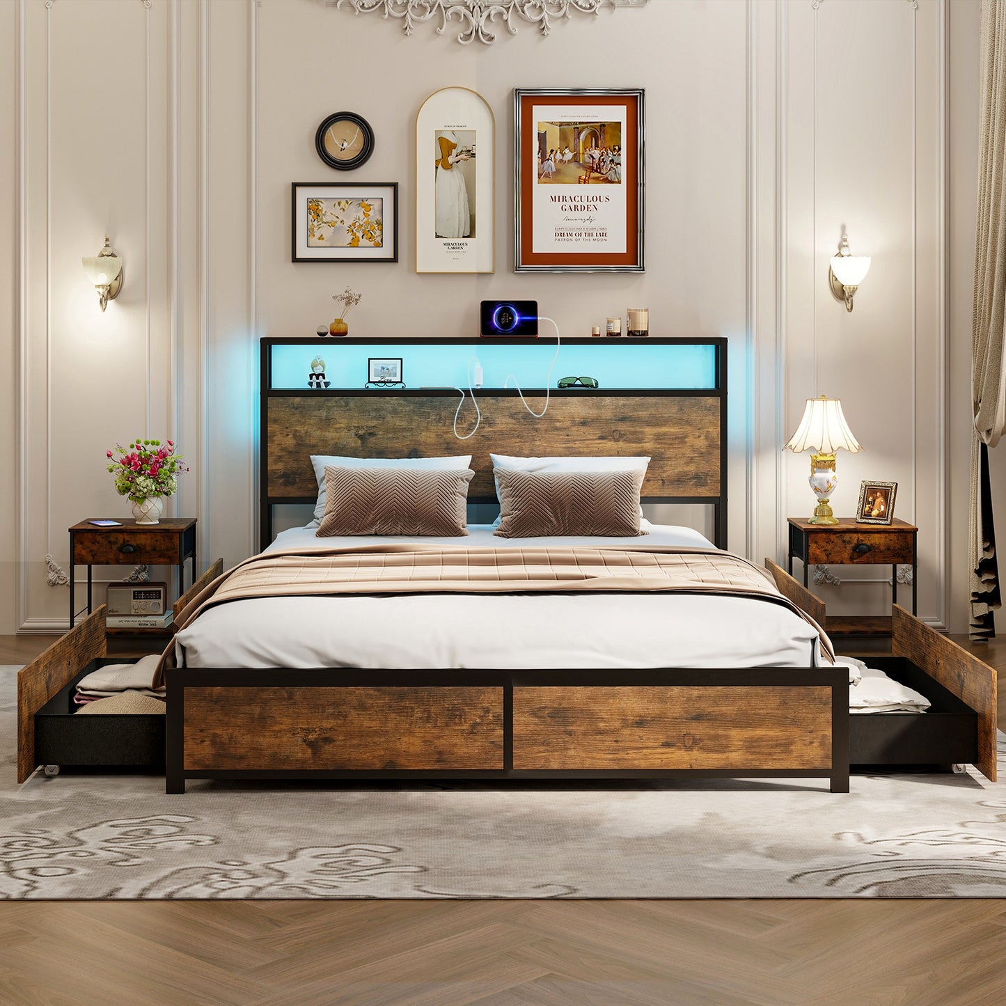 Full/Queen Size Bed Frame with Smart LED Lights and Storage Drawers-Queen Size Kids Crystal