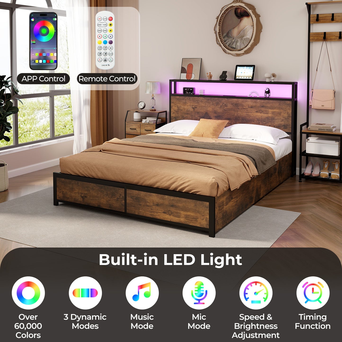 Full/Queen Size Bed Frame with Smart LED Lights and Storage Drawers-Queen Size Kids Crystal