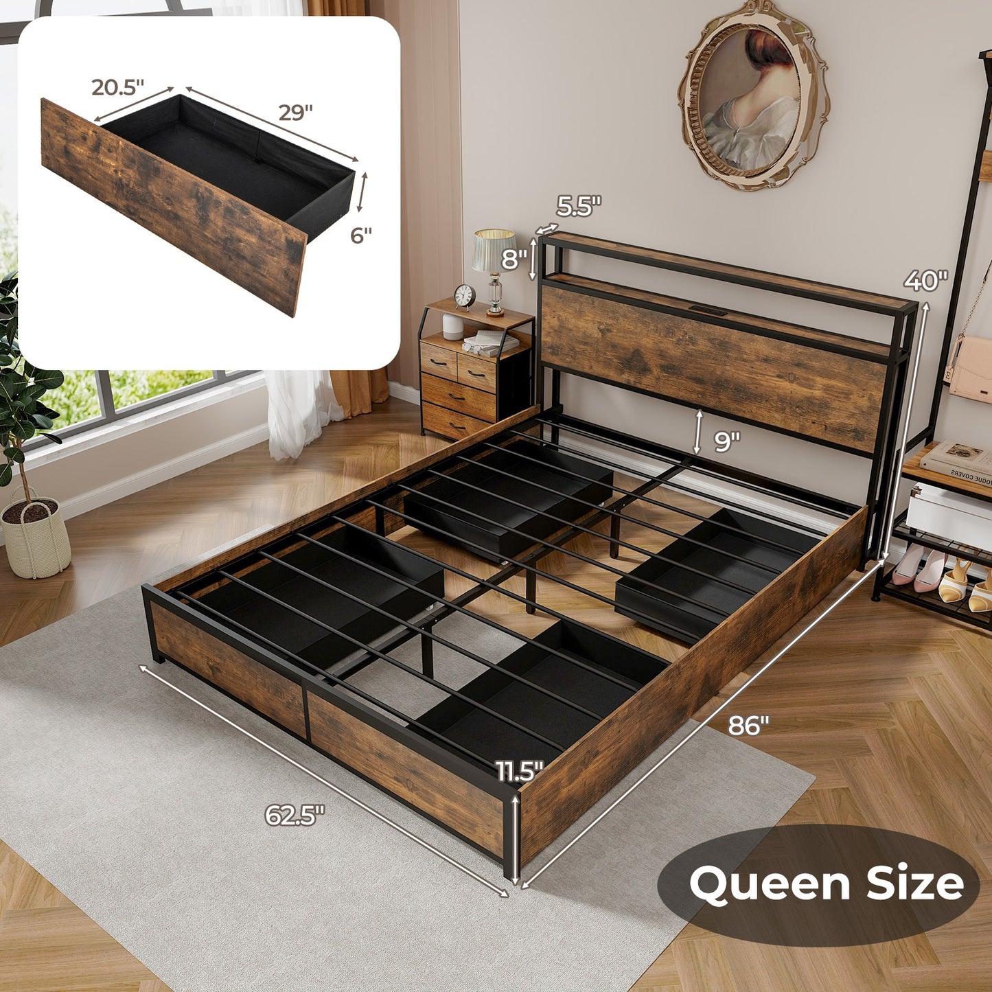 Full/Queen Size Bed Frame with Smart LED Lights and Storage Drawers-Queen Size Kids Crystal
