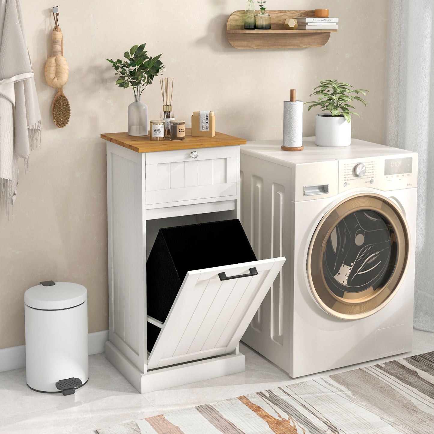 Freestanding Tilt Out Laundry Cabinet with Basket-White Kids Crystal
