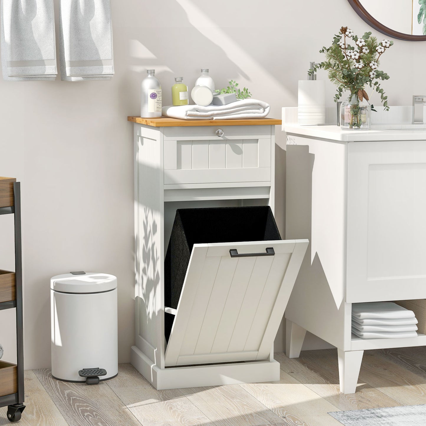 Freestanding Tilt Out Laundry Cabinet with Basket-White Kids Crystal