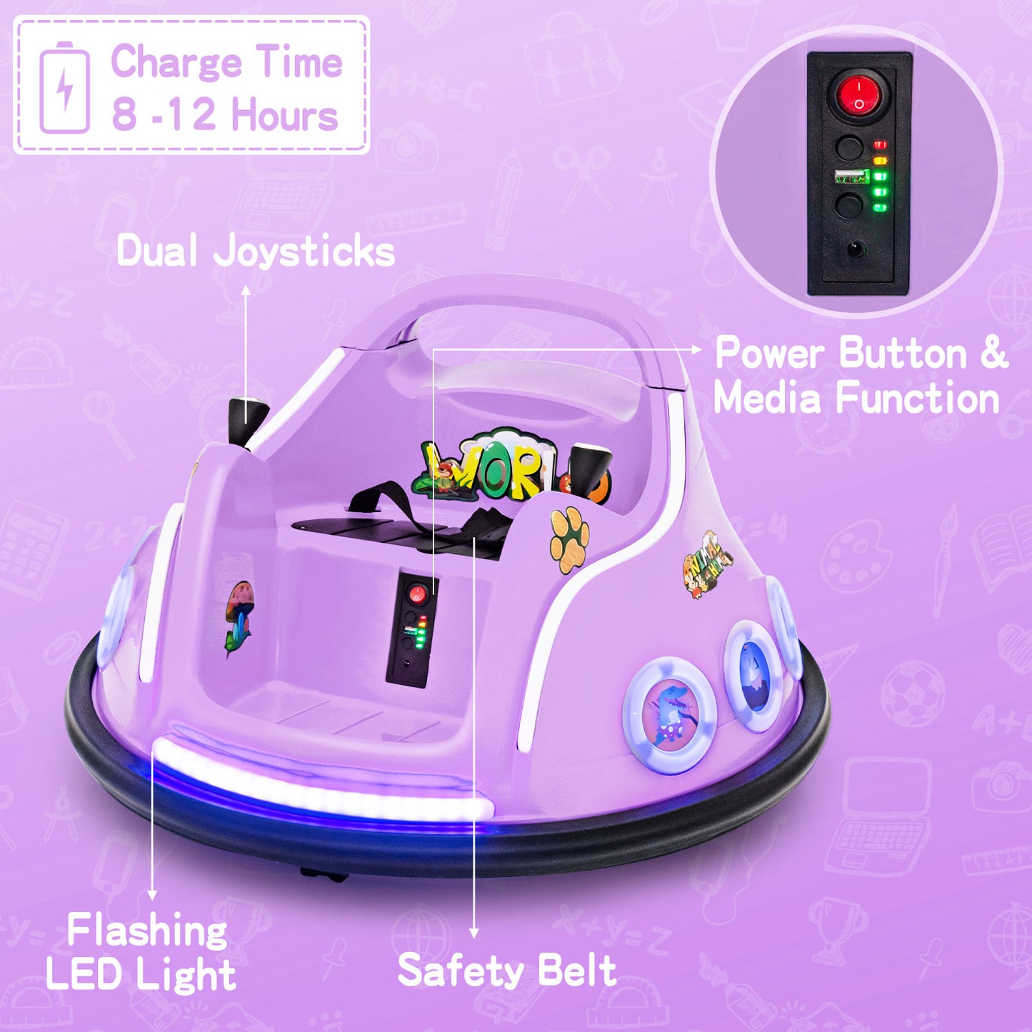 12V Electric Ride On Car with Remote Control and Flashing LED Lights-Purple Kids Crystal