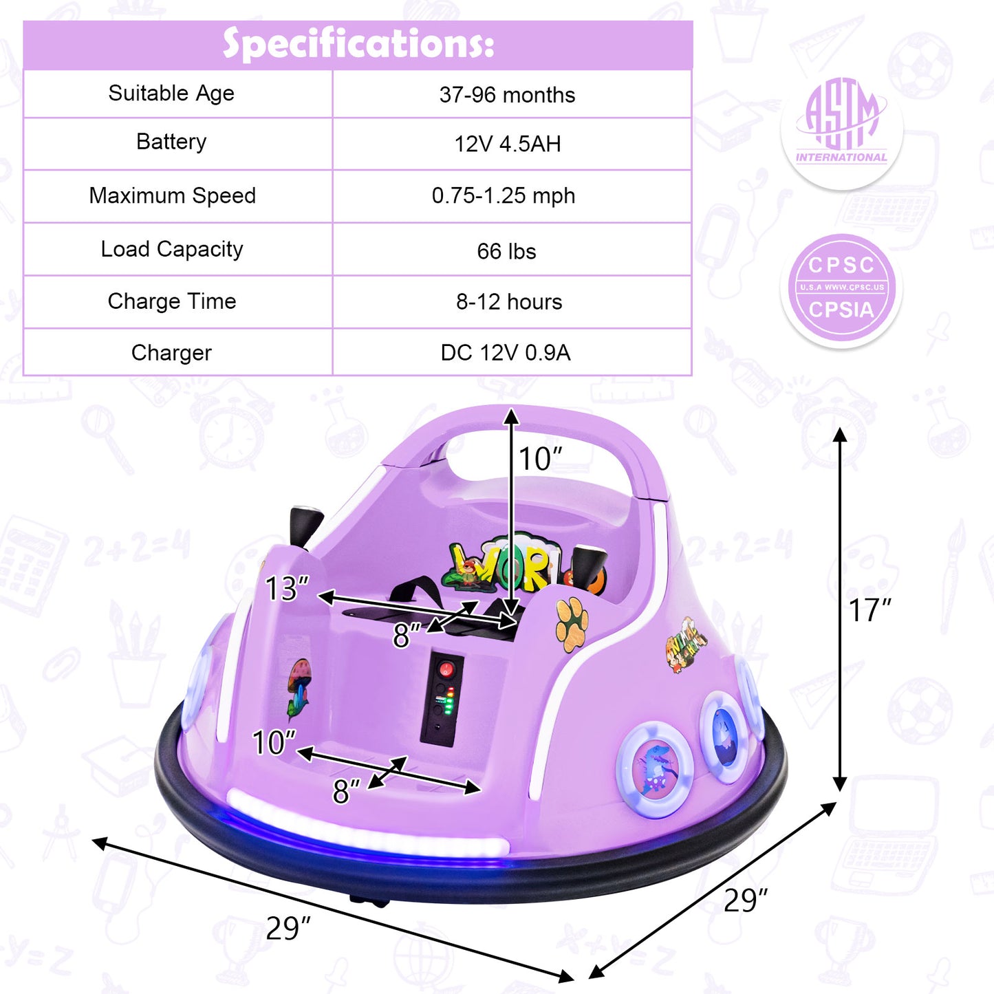 12V Electric Ride On Car with Remote Control and Flashing LED Lights-Purple Kids Crystal