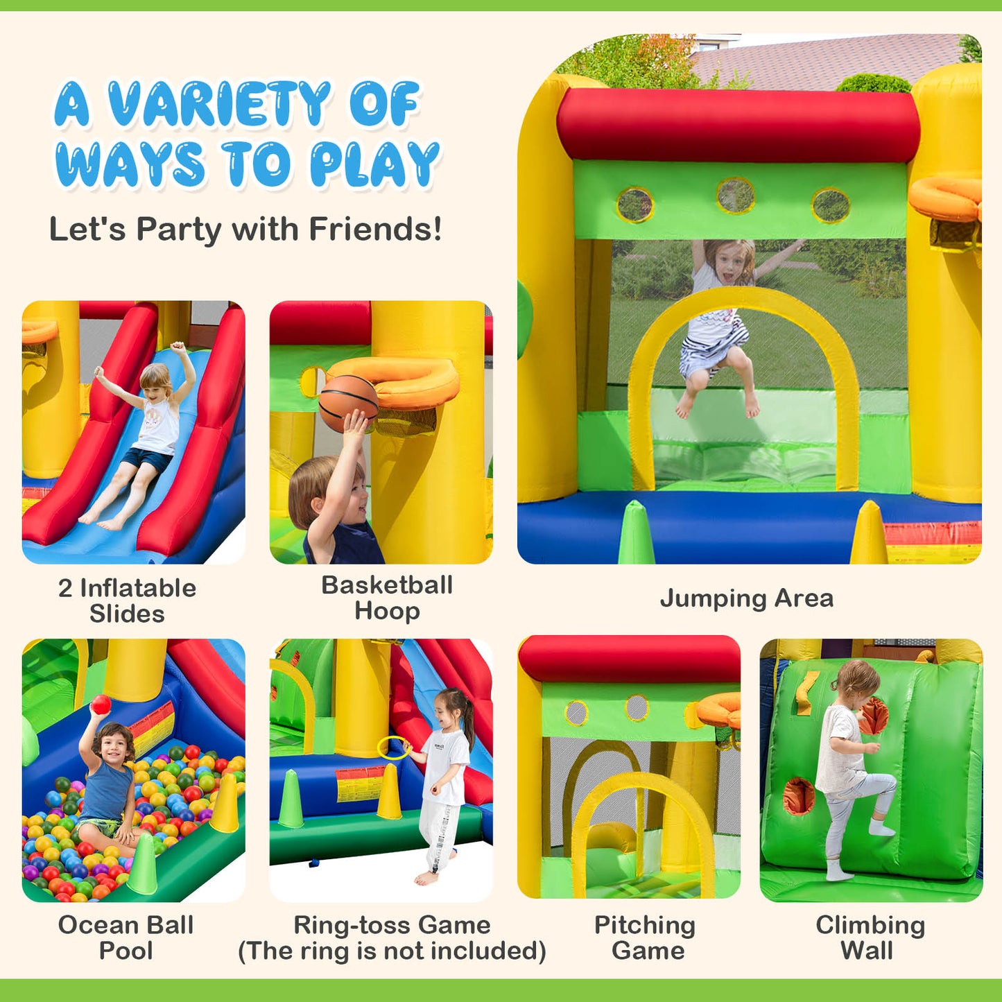 Inflatable Bounce Castle with Double Slides and 735W Blower Kids Crystal