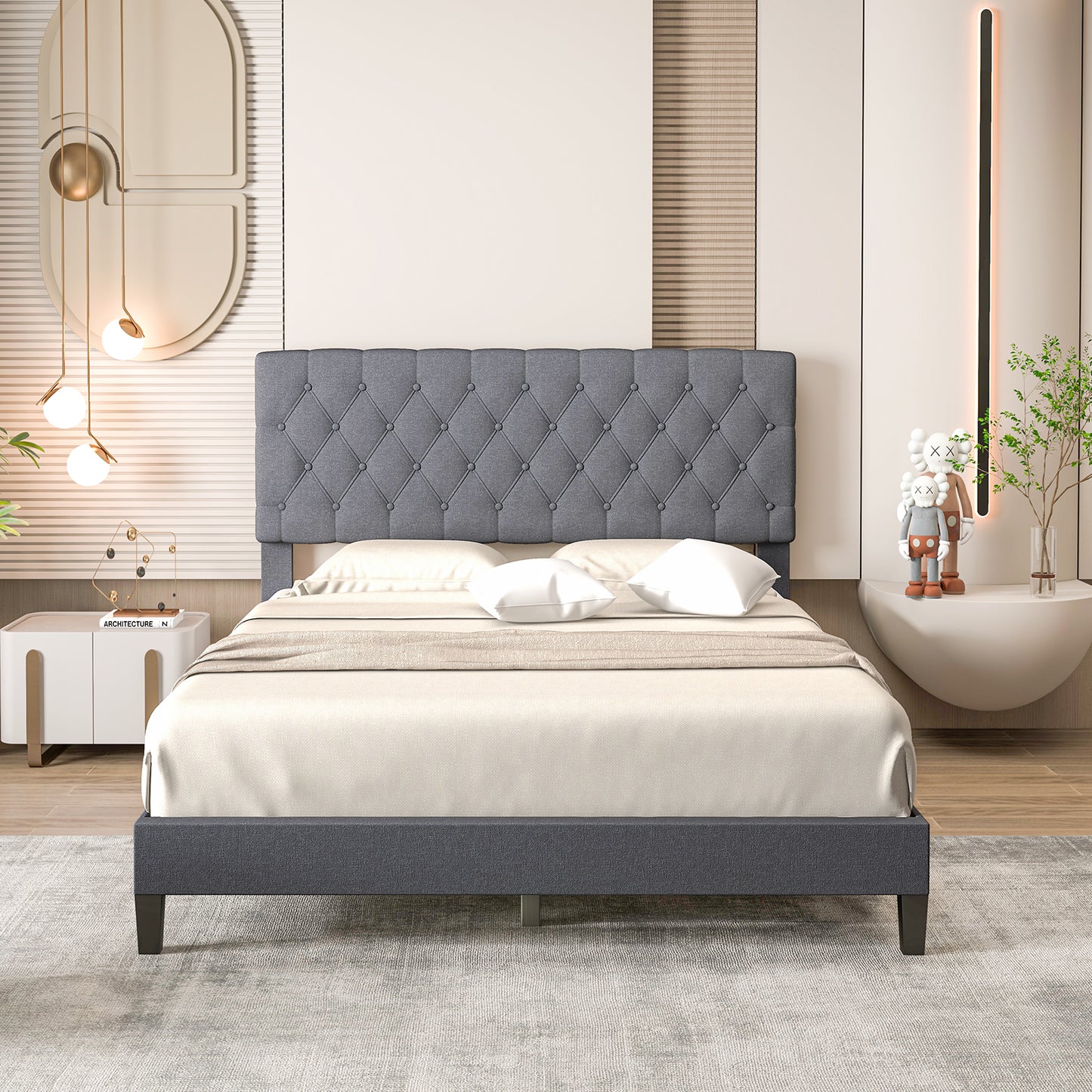 Queen Size Upholstered Platform Bed with Button Tufted Headboard-Queen &amp; Gray Kids Crystal