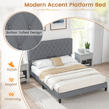 Queen Size Upholstered Platform Bed with Button Tufted Headboard-Queen &amp; Gray