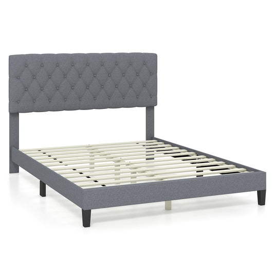 Queen Size Upholstered Platform Bed with Button Tufted Headboard-Queen &amp; Gray Kids Crystal