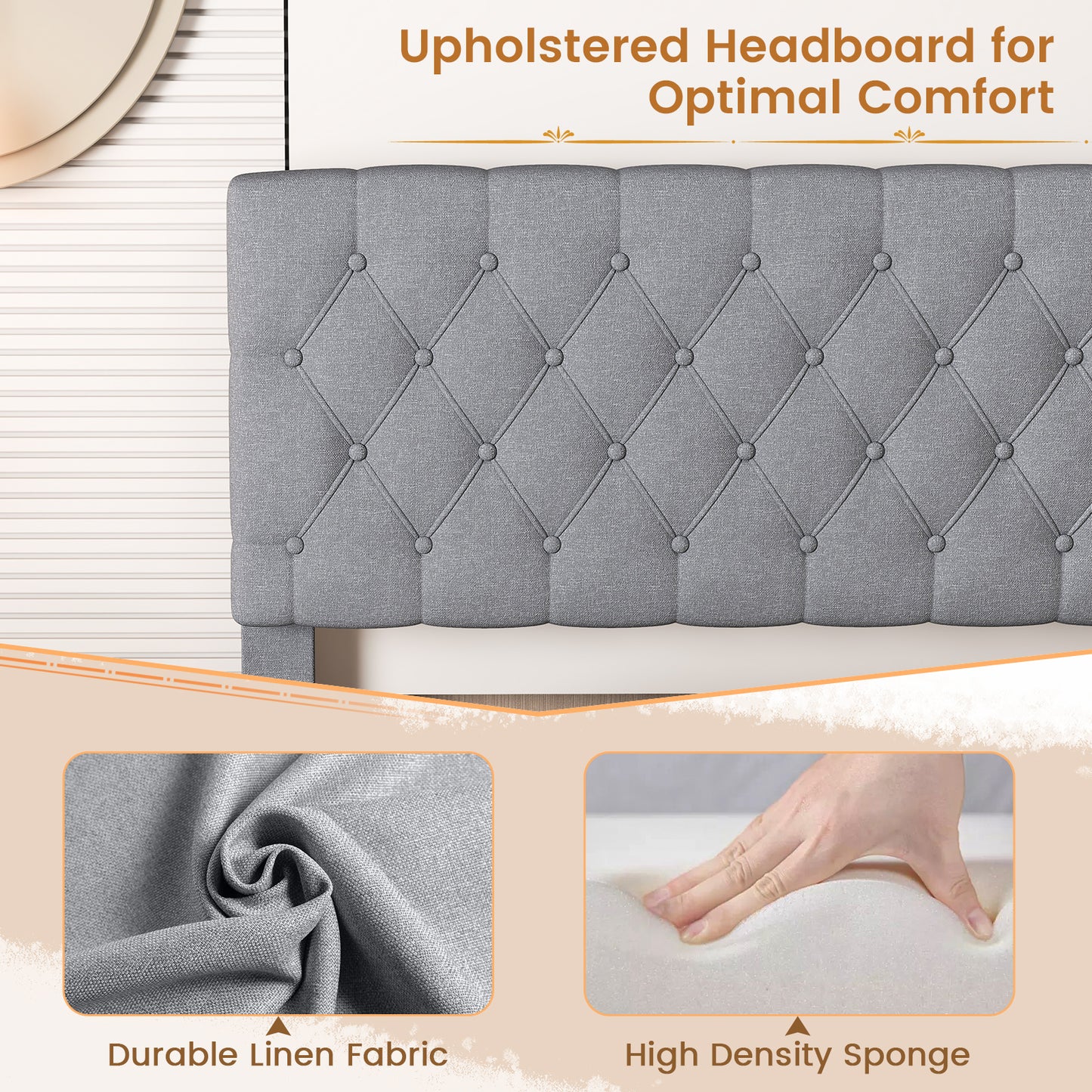 Queen Size Upholstered Platform Bed with Button Tufted Headboard-Queen &amp; Gray Kids Crystal