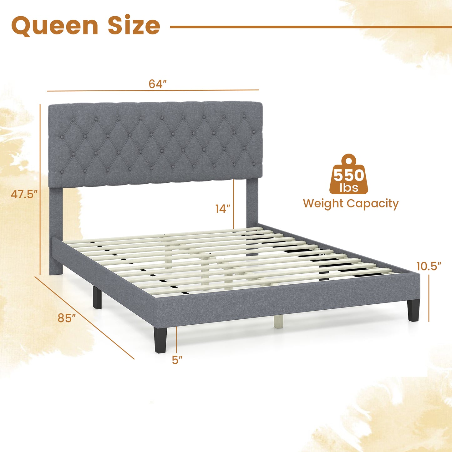 Queen Size Upholstered Platform Bed with Button Tufted Headboard-Queen &amp; Gray Kids Crystal