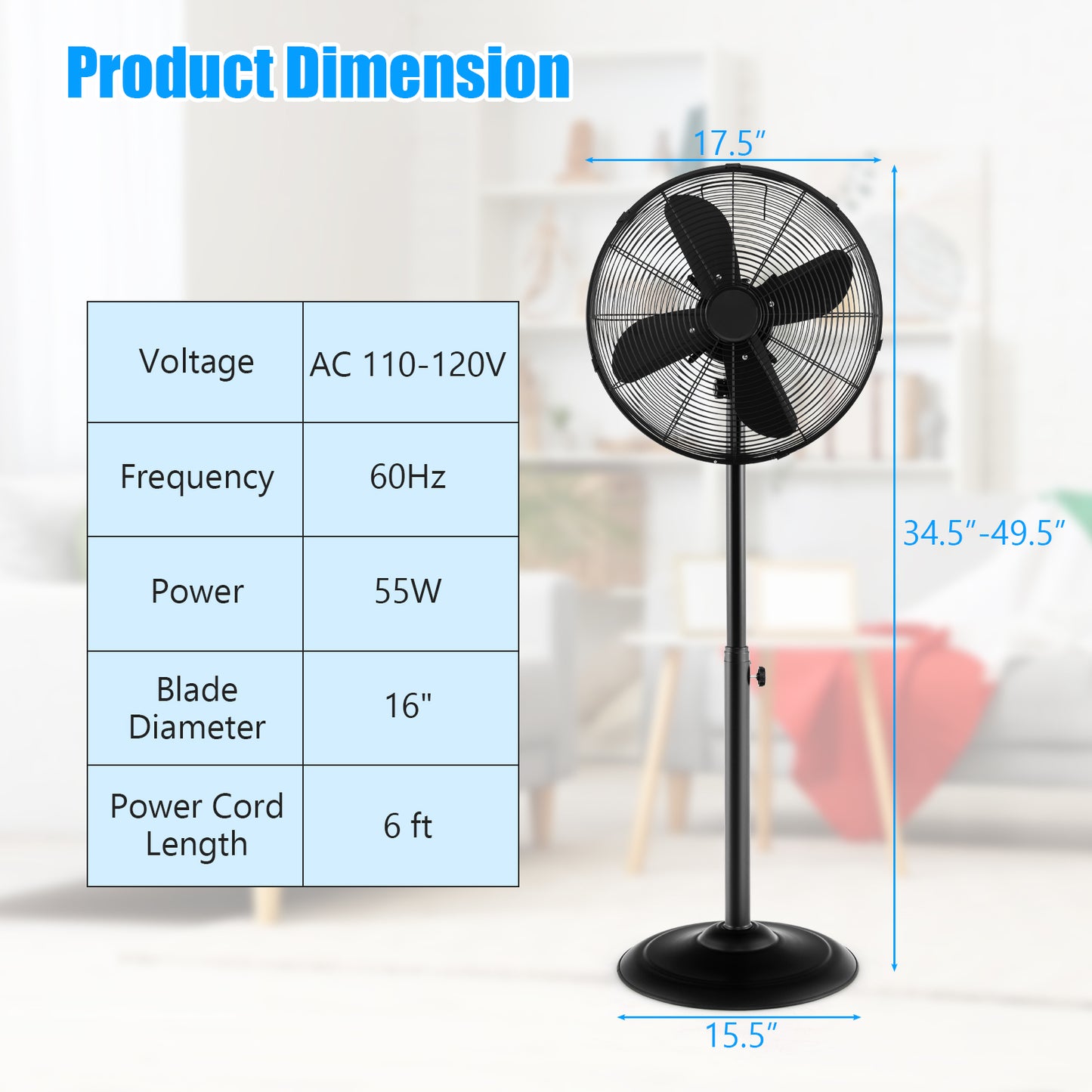 16 Inch Pedestal Standing Fan Oscillating Pedestal Fan with 3 Speeds and Adjustable Height-Black Kids Crystal