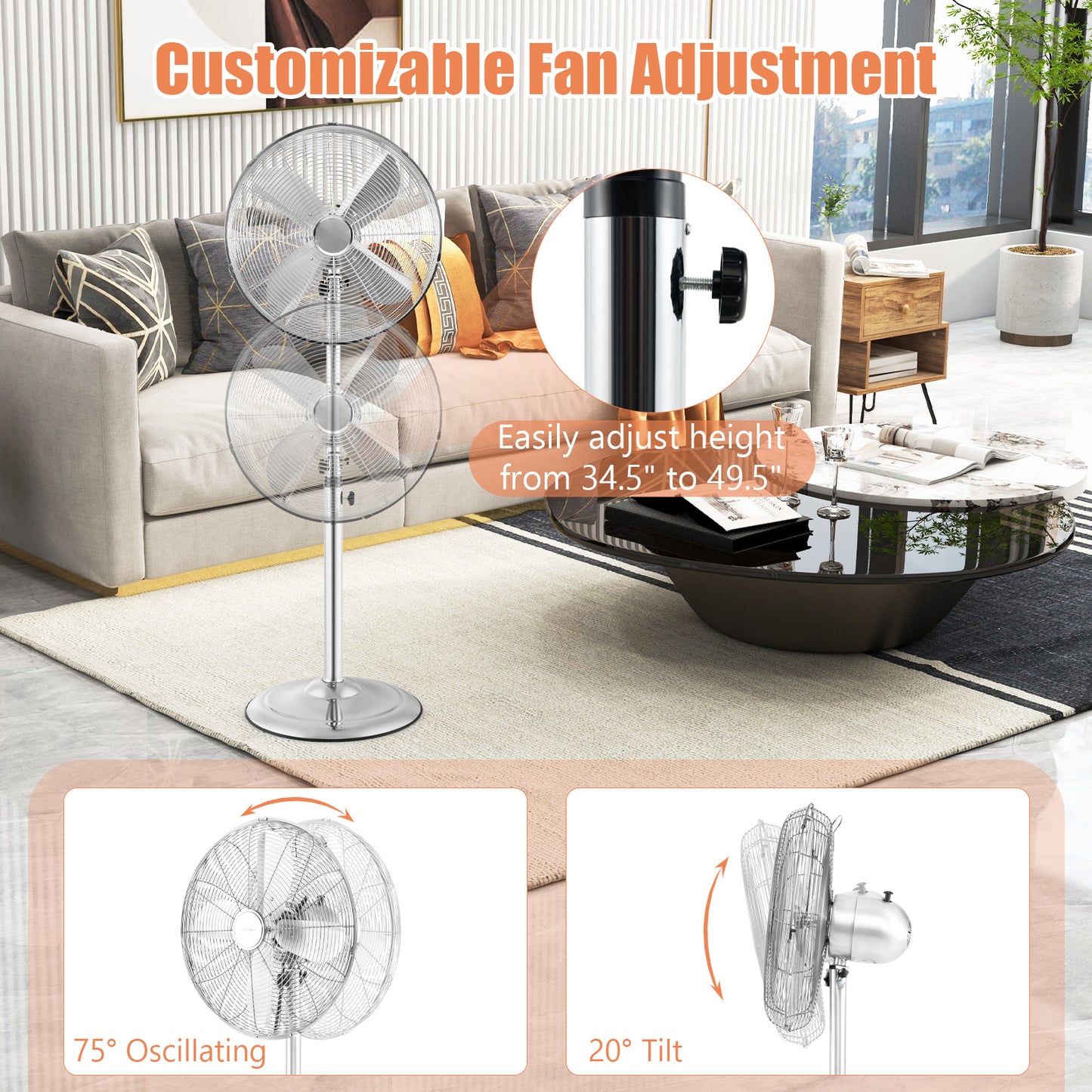 16 Inch Pedestal Standing Fan Oscillating Pedestal Fan with 3 Speeds and Adjustable Height-Silver Kids Crystal