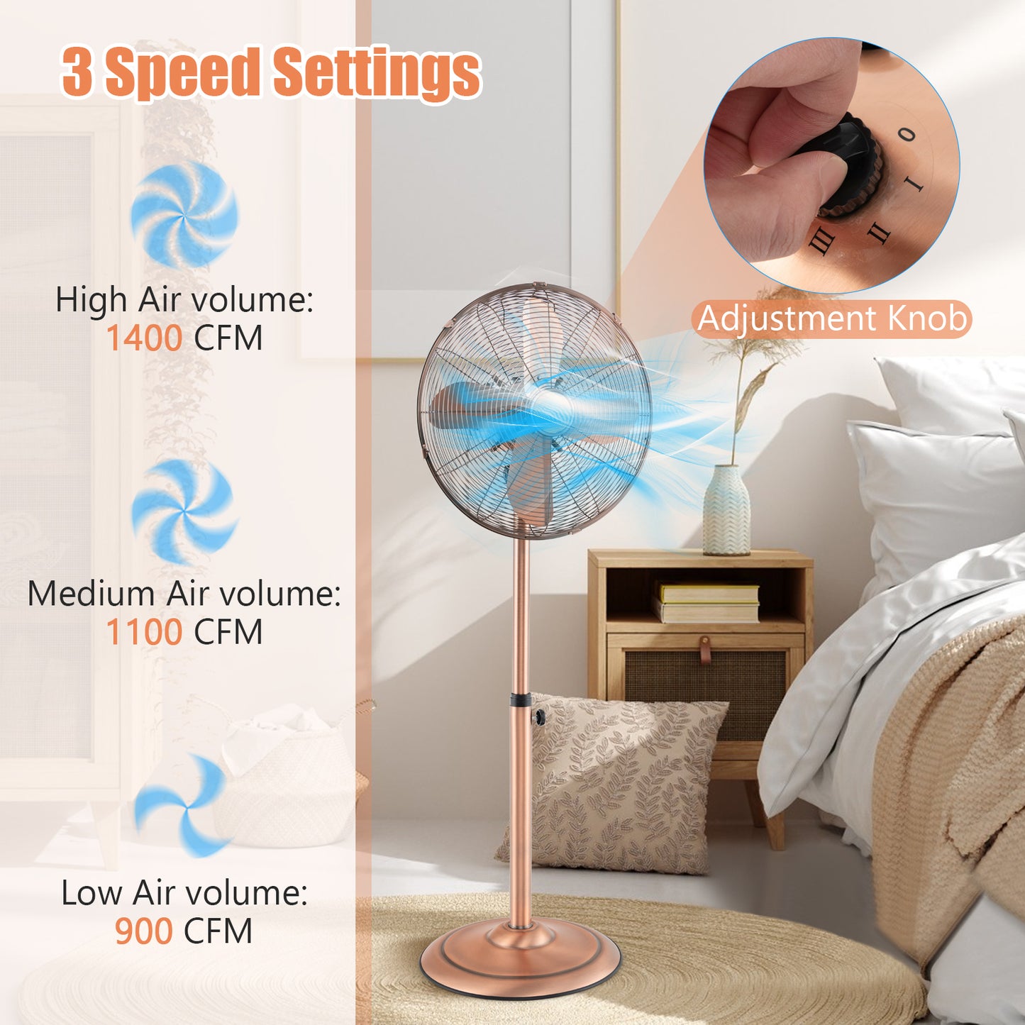 16 Inch Pedestal Standing Fan Oscillating Pedestal Fan with 3 Speeds and Adjustable Height-Copper Kids Crystal