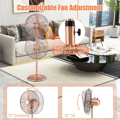 16 Inch Pedestal Standing Fan Oscillating Pedestal Fan with 3 Speeds and Adjustable Height-Copper