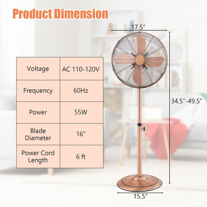 16 Inch Pedestal Standing Fan Oscillating Pedestal Fan with 3 Speeds and Adjustable Height-Copper