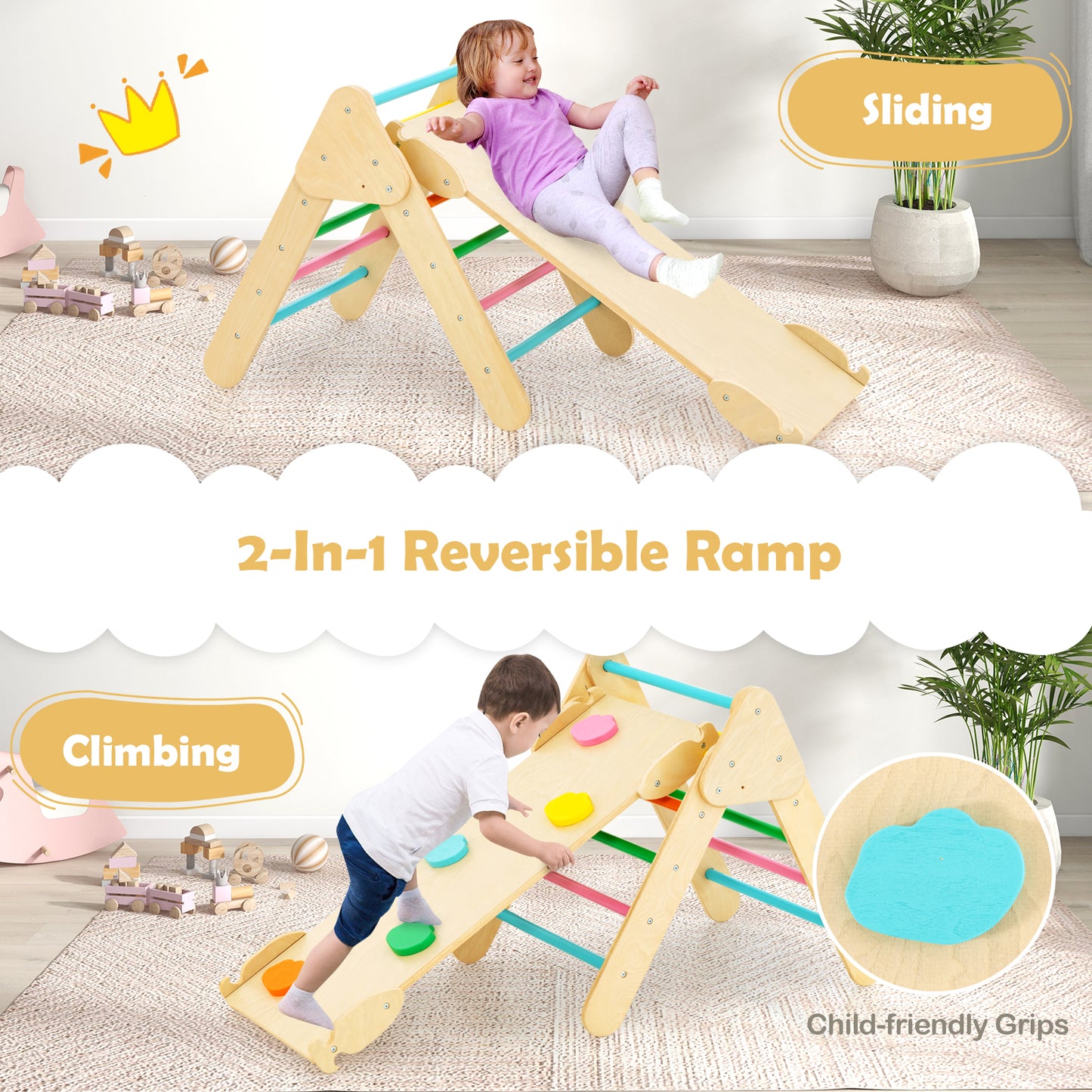 5-in-1 Wooden Kids Climber Toys with Triangle Arch Ramp-Multicolor Kids Crystal