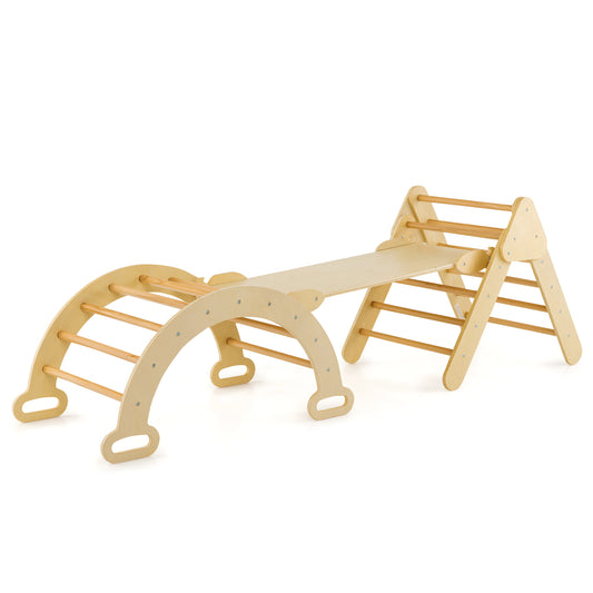 5-in-1 Wooden Kids Climber Toys with Triangle Arch Ramp-Natural Kids Crystal