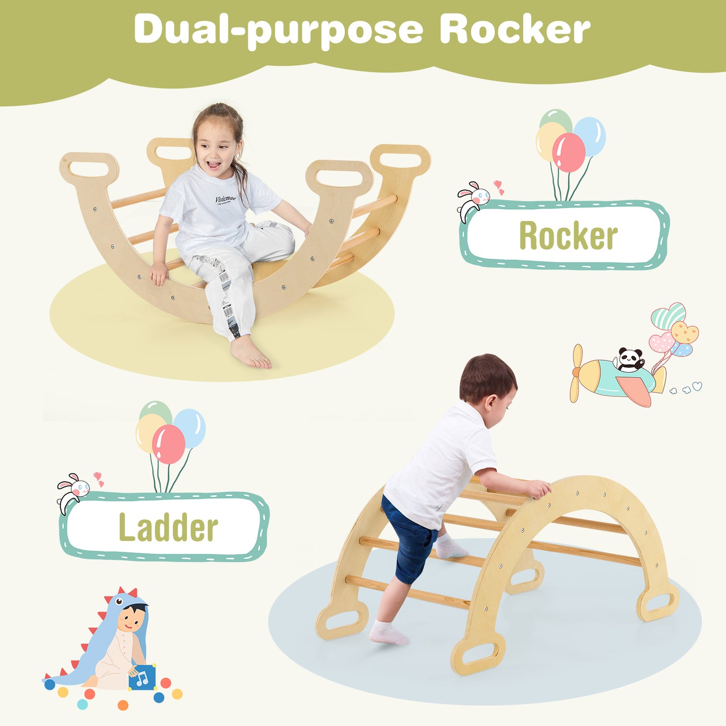 5-in-1 Wooden Kids Climber Toys with Triangle Arch Ramp-Natural Kids Crystal