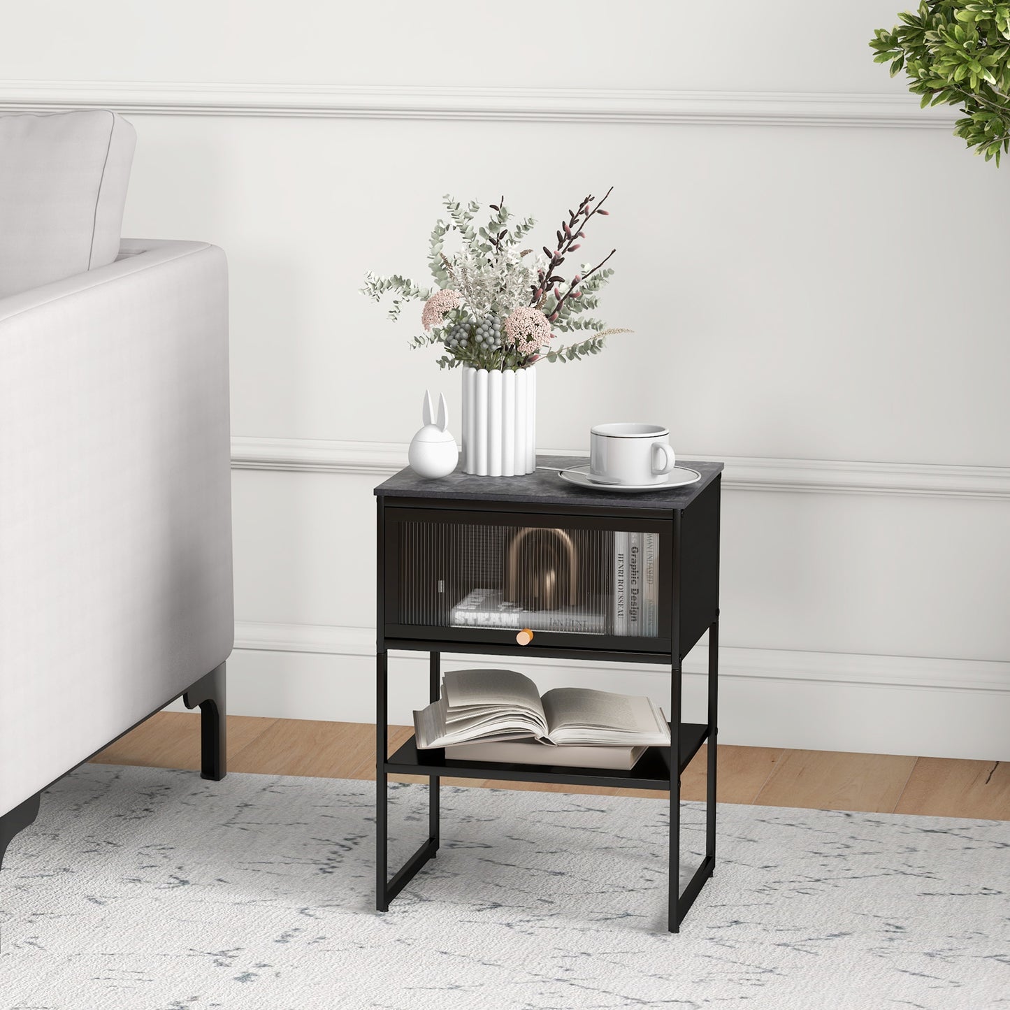 Nightstand with Flip up Door Storage Shelf-Black Kids Crystal