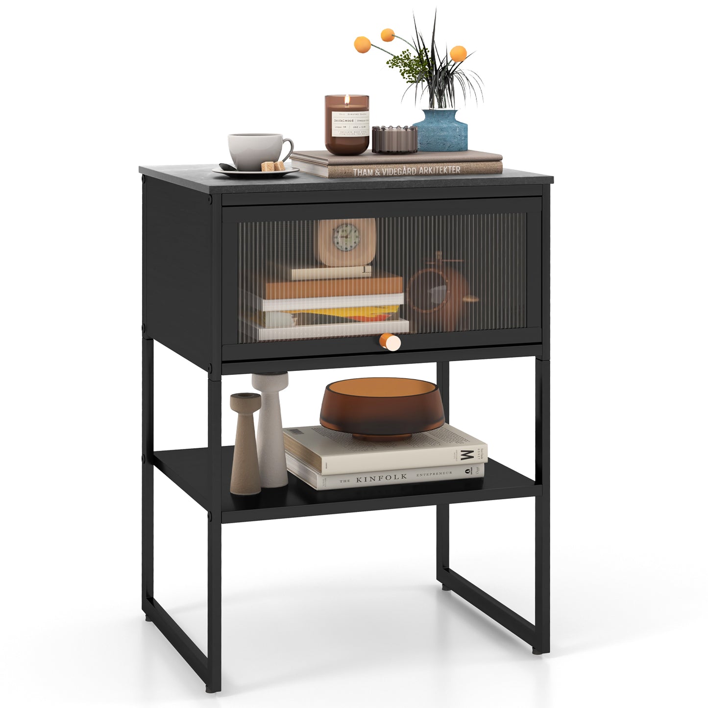 Nightstand with Flip up Door Storage Shelf-Black Kids Crystal