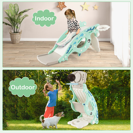 4-in-1 Kids Slide Rocking Horse with Basketball and Ring Toss-Green Kids Crystal